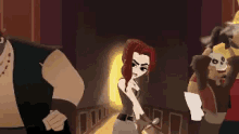 a cartoon of a woman standing next to a man in a room .