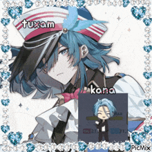 a picture of a blue haired anime character with the name tuxam