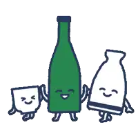 a green bottle and two white cups with faces are standing next to each other