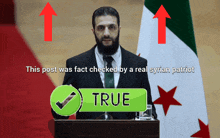a man in a suit and tie stands at a podium with a check mark and the word true below him