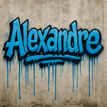 the name alexandre is spray painted on a wall in blue
