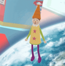 a cartoon character with three stars on his outfit is standing in front of the earth