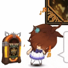 a little girl is standing next to a jukebox with a picture on the wall behind her
