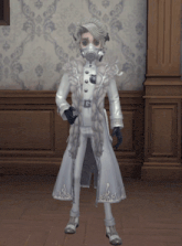 a man wearing a white coat and a gas mask stands in a room