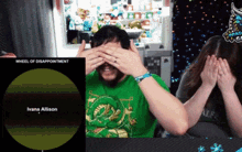 a man covering his eyes with his hands next to a wheel of disappointment poster