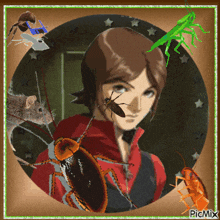a picture of a boy surrounded by cockroaches and a spider with the words picmix on the bottom