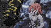 a girl in a mask stands in front of a giant bug with the words ndds sama written on the bottom