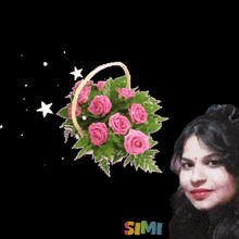 a woman stands in front of a basket of pink roses with the words amazing behind her