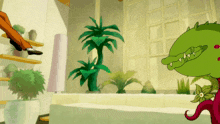 a cartoon of a plant with sharp teeth standing next to a man