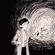 a black and white drawing of a man holding a candle in his hand