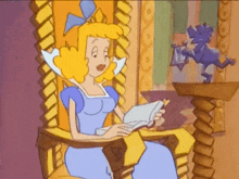 a cartoon princess is reading a book while sitting in a chair