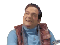 a man wearing a blue turtleneck and a red vest is made with unscreen