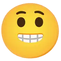 a yellow smiley face with brown eyes and white teeth on a white background
