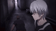 a man with white hair is standing in a dark alley