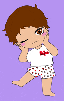 a cartoon drawing of a boy wearing a shirt that says ' hajia ' on it