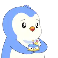 a penguin holding a birthday cake with a candle