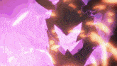 a close up of a person 's face with purple lights coming out of it .