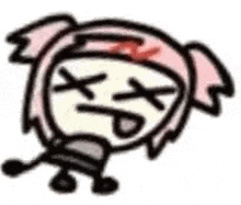 a cartoon drawing of a girl with pink hair and a hat .