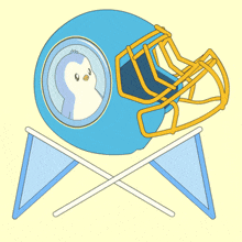 a cartoon of a penguin holding a football and a football helmet