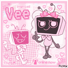 a pink and white cartoon character with the words vee online now