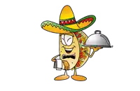 a cartoon of a taco wearing a sombrero holding a tray