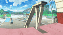a cartoon drawing of a skate park with a staircase in the foreground