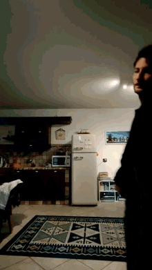 a man is standing in front of a smeg refrigerator in a kitchen