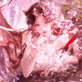 a painting of a woman with flowers in her hair and red eyes
