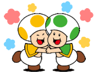 two mushrooms are hugging each other with flowers in the background