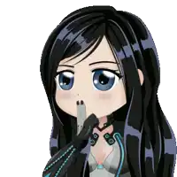 a cartoon girl with long black hair and blue eyes is holding her hand to her mouth