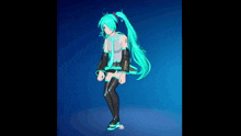 a drawing of hatsune miku dancing with a blue background