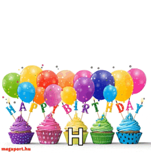 a birthday card with cupcakes and balloons and the letter h