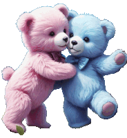 a pink and blue teddy bear are hugging each other