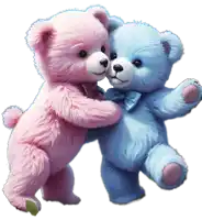 a pink and blue teddy bear are hugging each other