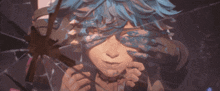 a drawing of a girl with blue hair behind a broken mirror