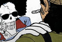 a cartoon drawing of a skeleton wearing sunglasses smoking a cigarette
