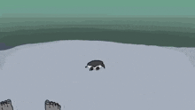 a cartoon of a penguin swimming in the ocean with a large rock in the background .