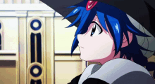a blue haired anime character is standing in front of a sign that says o on it