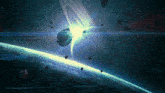 asteroids are flying around a planet with rings