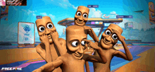 a group of cartoon characters are standing in front of a sign that says free fire