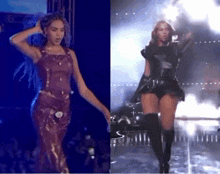 two pictures of a woman dancing on a stage