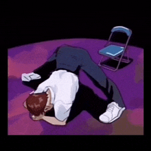 a cartoon of a man laying on his stomach next to a folding chair .