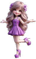 a doll is wearing a purple dress and purple high heels