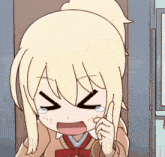 a cartoon girl with blonde hair is crying and pointing at something