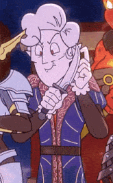 a cartoon character is holding a knife in his right hand and a sword in his left hand