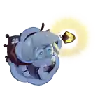 a cartoon character is holding a lamp and looking up at the sun