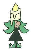 a girl with green hair and a candle on her head