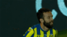 a soccer player wearing a blue and yellow jersey with the number 11 on it