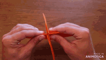 a close up of a person 's hands holding a piece of orange paper with the words made in animotica below them