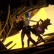 a man and a woman standing next to each other holding a gun